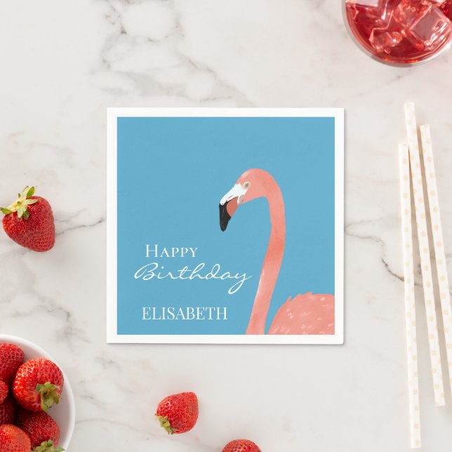 Pink Flamingo Happy Birthday Personalised Name Napkin (Insitu)