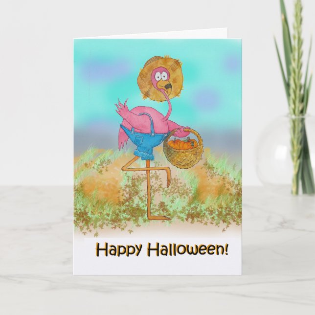 Pink Flamingo Happy Halloween Pumpkin Patch Farm C Card (Front)