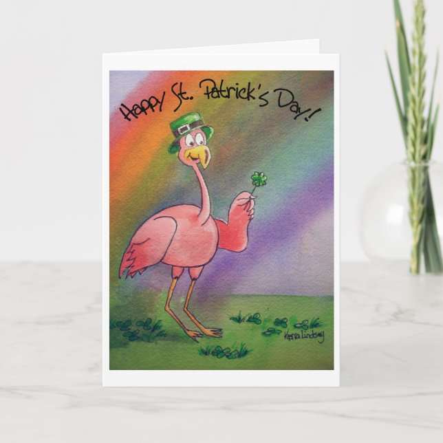 Pink Flamingo Happy St. Patrick's Day Card (Front)