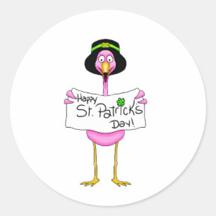 pink flamingo happy st. patricks day classic round sticker