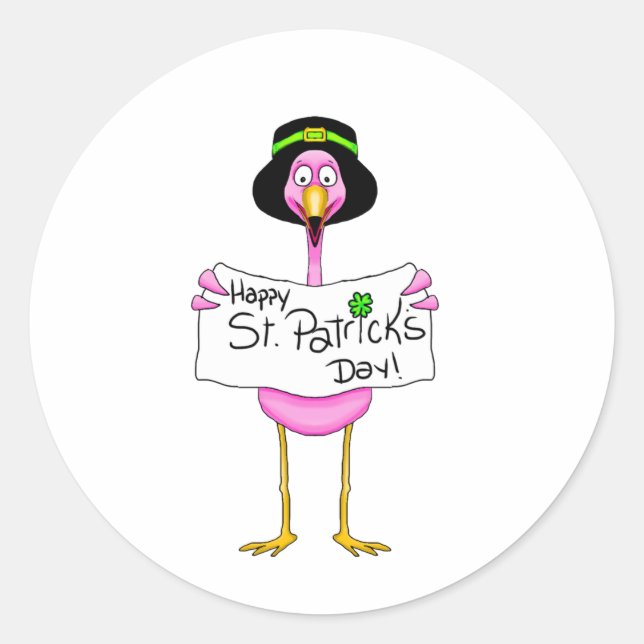 pink flamingo happy st. patricks day classic round sticker (Front)
