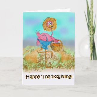 Pink Flamingo Happy Thanksgiving Pumpkin Patch Holiday Card