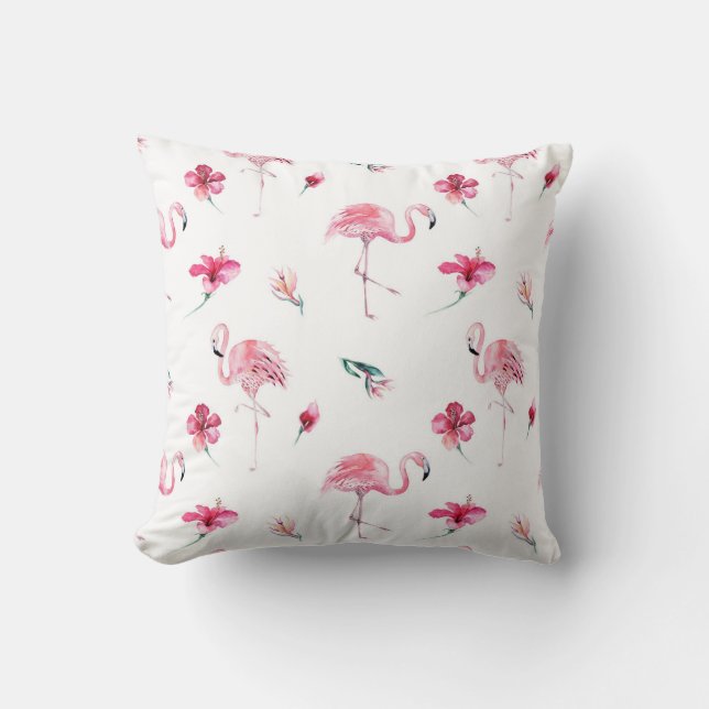 Pink Flamingo & Hibiscus Tropical Summer Glam Cushion (Front)