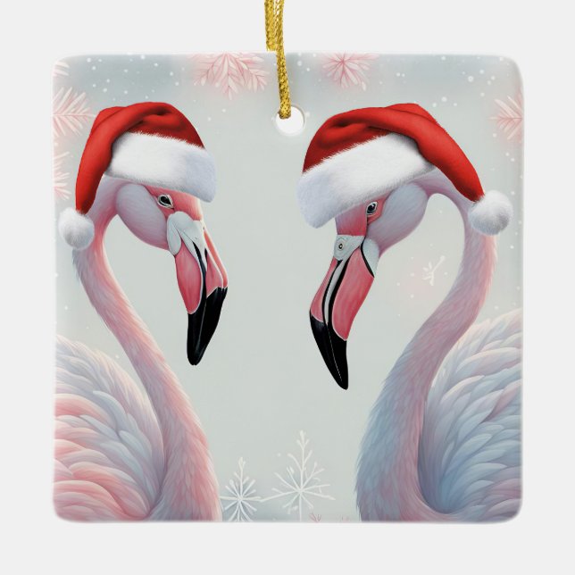 Pink Flamingo Holiday Christmas Ceramic Ornament (Front)