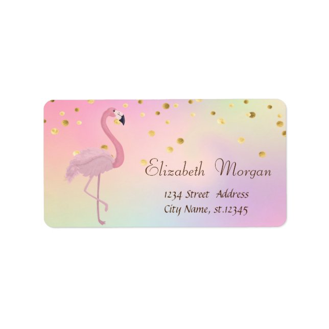 Pink Flamingo Holographic Cool Gold Foil Confetti Label (Front)