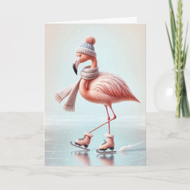 Pink Flamingo Ice Skating Card (Front)