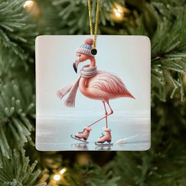 Pink Flamingo Ice Skating Ceramic Ornament (Tree)