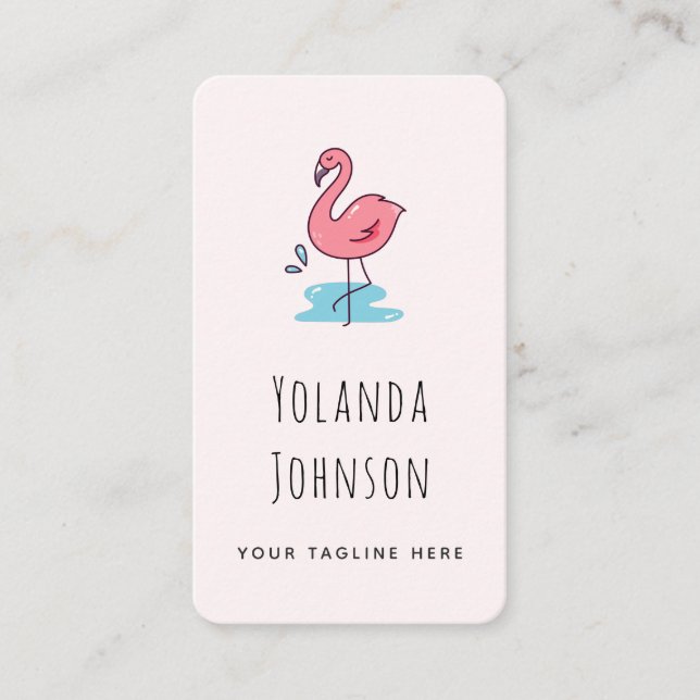 Pink Flamingo Illustration Add Logo & Social Media Business Card (Front)