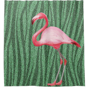 Pink Flamingo Illustration Tropical Bird Green Shower Curtain
