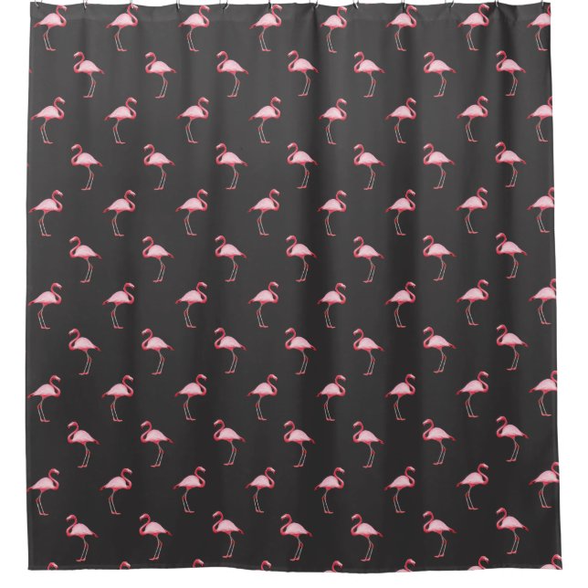 Pink Flamingo Illustration Tropical Pattern Black Shower Curtain (Front)