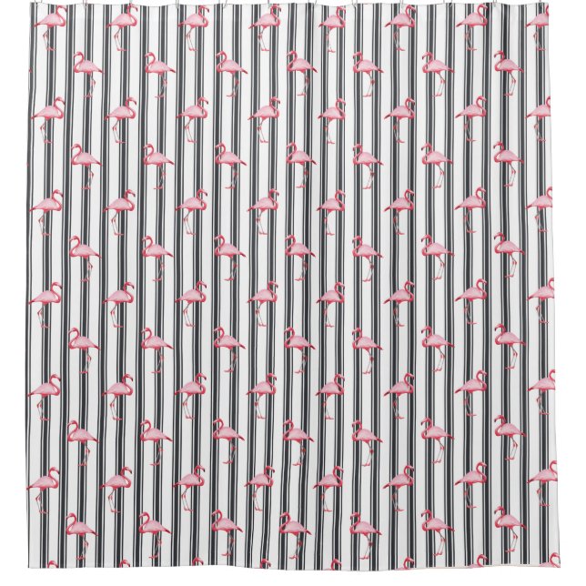 Pink Flamingo Illustration Tropical Pattern Stripe Shower Curtain (Front)
