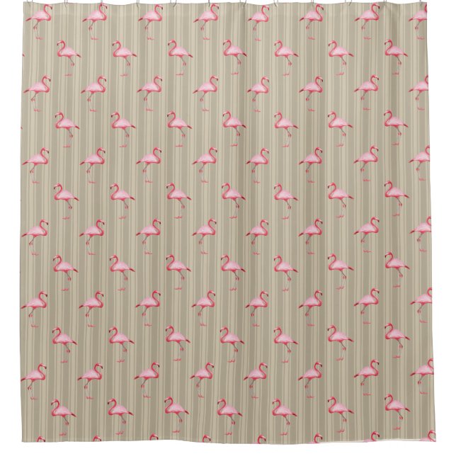 Pink Flamingo Illustration Tropical Pattern Stripe Shower Curtain (Front)