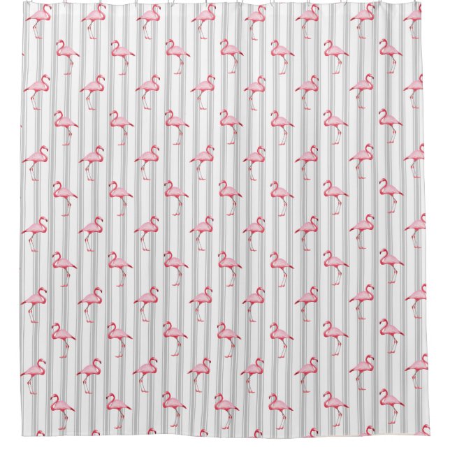 Pink Flamingo Illustration Tropical Pattern Stripe Shower Curtain (Front)