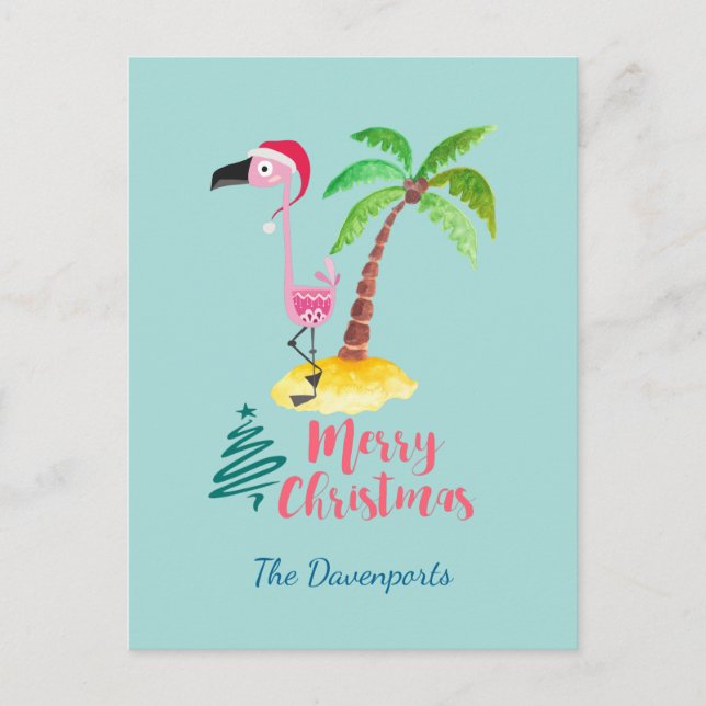 Pink Flamingo In A Santa Hat By A Palm Tree Holiday Postcard (Front)