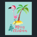 Pink Flamingo In A Santa Hat By A Palm Tree Poster<br><div class="desc">Festive poster with a cute illustration of a pink flamingo in a red santa hat. Standing beside a green palm tree on a mound of yellow sand. A fancy swirly christmas tree design stands beside the text Merry Christmas. Written in the colour pink in a fancy handwritten font. Pastel green...</div>