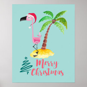 Pink Flamingo In A Santa Hat By A Palm Tree Poster