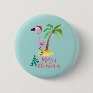 Pink Flamingo In A Santa Hat By A Palm Tree Xmas 6 Cm Round Badge