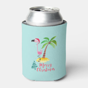 Pink Flamingo In A Santa Hat By A Palm Tree Xmas Can Cooler