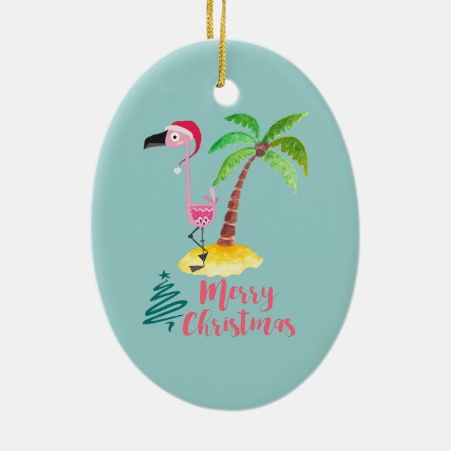 Pink Flamingo In A Santa Hat By A Palm Tree Xmas Ceramic Ornament (Back)
