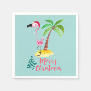 Pink Flamingo In A Santa Hat By A Palm Tree Xmas Napkin