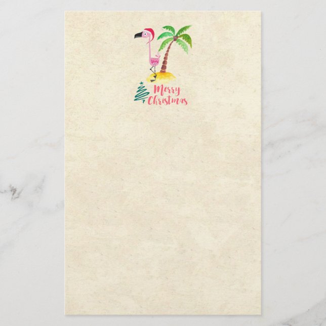 Pink Flamingo In A Santa Hat By A Palm Tree Xmas Stationery (Front)