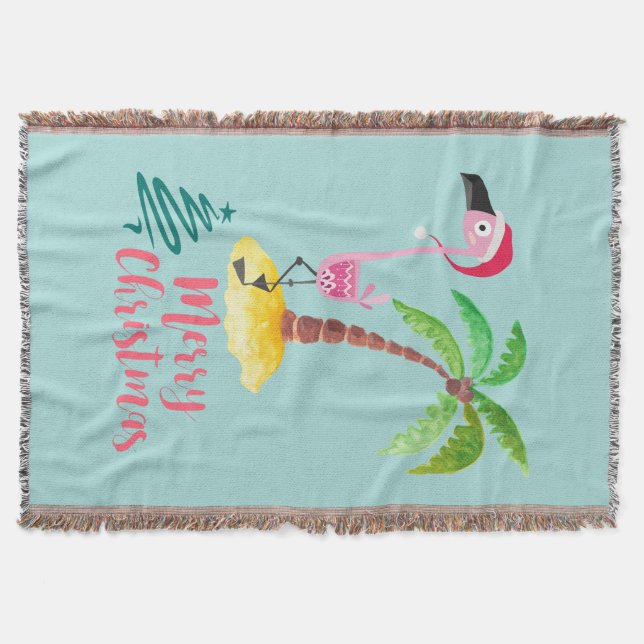 Pink Flamingo In A Santa Hat By A Palm Tree Xmas Throw Blanket (Front)