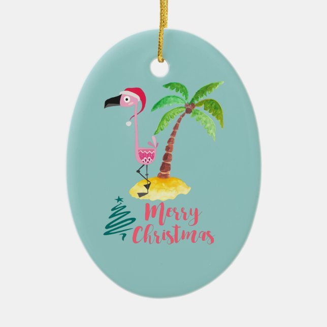 Pink Flamingo In A Santa Hat Cute Ceramic Ornament (Front)