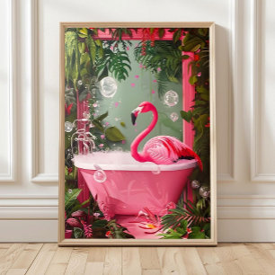 Pink Flamingo in Bathtub Print, Funny Bathroom Wal Poster