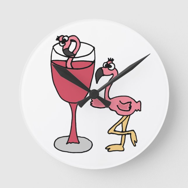 Pink Flamingo in Blush Wine Glass Round Clock (Front)