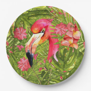 Pink Flamingo in Palm and Monstera Jungle Paper Plate