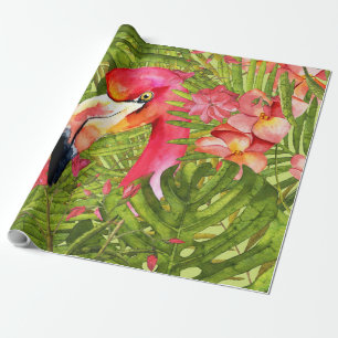 Pink Flamingo in Palm and Monstera Jungle Wrapping Paper