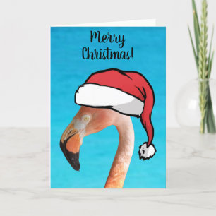 Pink Flamingo in red cartoon Santa hat Christmas Holiday Card