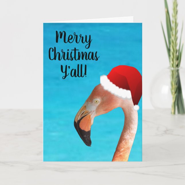 Pink Flamingo in red cartoon Santa hat Holiday Card (Front)
