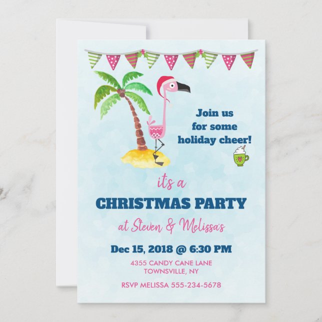 Pink Flamingo in Red Santa Hat Christmas Party Invitation (Front)