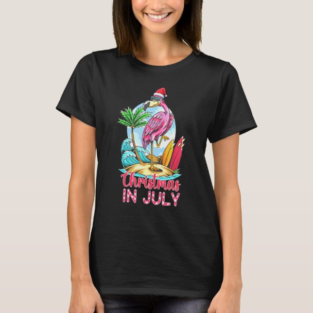 Pink Flamingo In Santa Hat Christmas In July T-Shirt (Front)