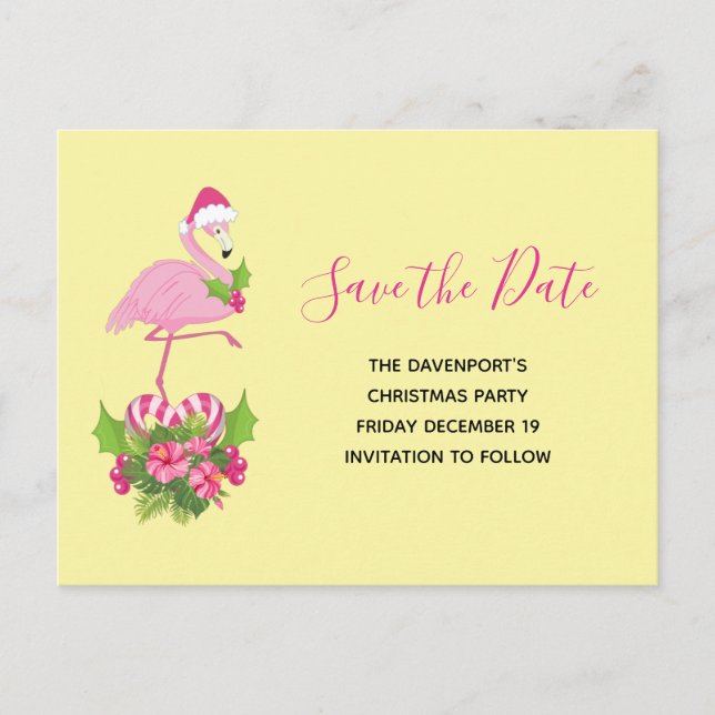 Pink Flamingo in Santa Hat Save the Date Christmas Invitation Postcard (Front)