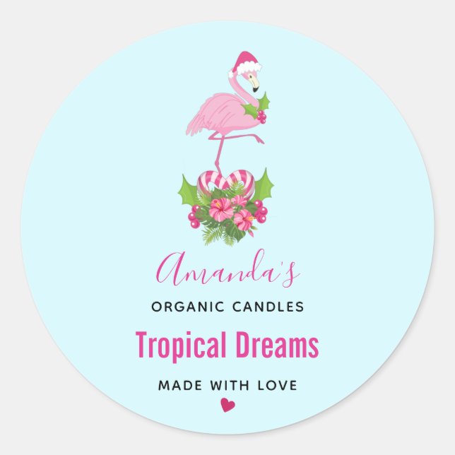 Pink Flamingo in Santa Hat Whimsical Candle Classic Round Sticker (Front)