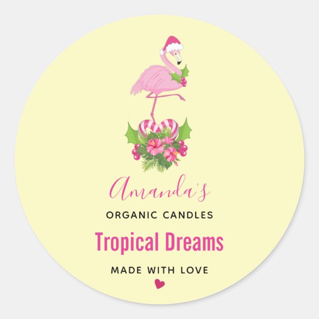 Pink Flamingo in Santa Hat Whimsical Candle Classic Round Sticker (Front)