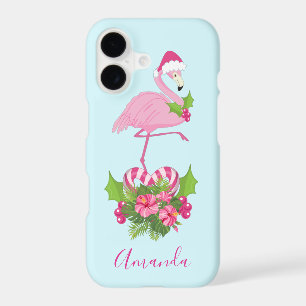 Pink Flamingo in Santa Hat Whimsical Christmas