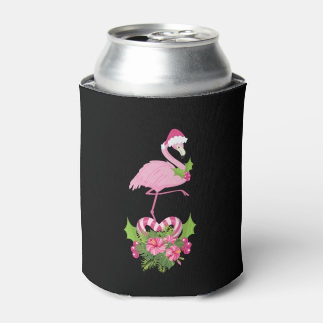 Pink Flamingo in Santa Hat Whimsical Christmas Can Cooler (Can Front)