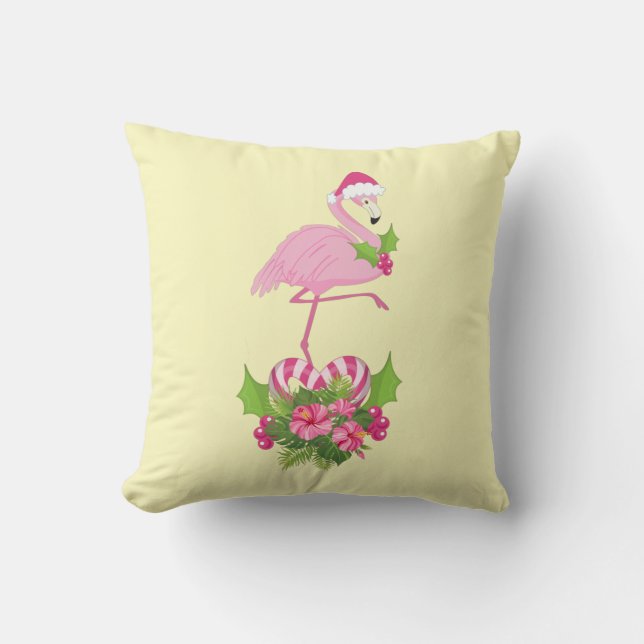 Pink Flamingo in Santa Hat Whimsical Christmas Cushion (Front)
