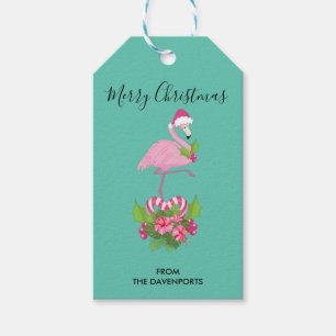 Pink Flamingo in Santa Hat Whimsical Christmas Gift Tags