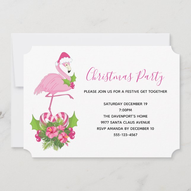 Pink Flamingo in Santa Hat Whimsical Christmas Invitation (Front)