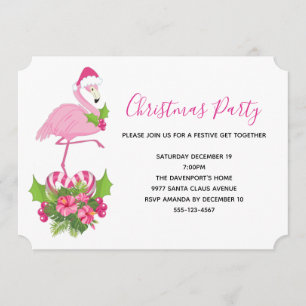Pink Flamingo in Santa Hat Whimsical Christmas Invitation
