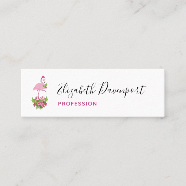 Pink Flamingo in Santa Hat Whimsical Christmas Mini Business Card (Front)
