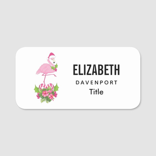 Pink Flamingo in Santa Hat Whimsical Christmas Name Tag (Front)