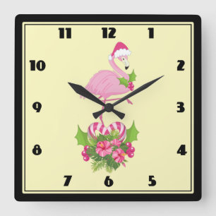 Pink Flamingo in Santa Hat Whimsical Christmas Square Wall Clock