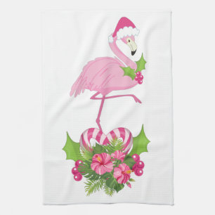 Pink Flamingo in Santa Hat Whimsical Christmas Tea Towel