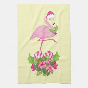 Pink Flamingo in Santa Hat Whimsical Christmas Tea Towel