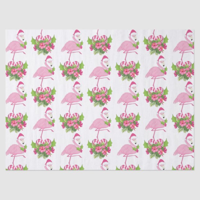 Pink Flamingo in Santa Hat Whimsical Christmas Tissue Paper (Front)